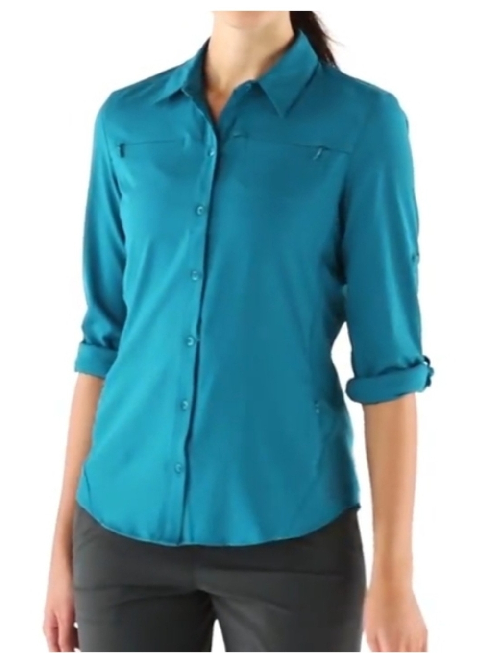 REI Co-op Womens Small Sahara Teal Blue Long Sleeve Hiking Vent Button Up Shirt